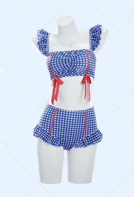 Retro azul y blanco Traje de baño de dos piezas con correa de ruffles en la parte superior y inferior