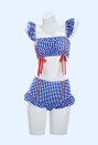 Retro azul y blanco Traje de baño de dos piezas con correa de ruffles en la parte superior y inferior