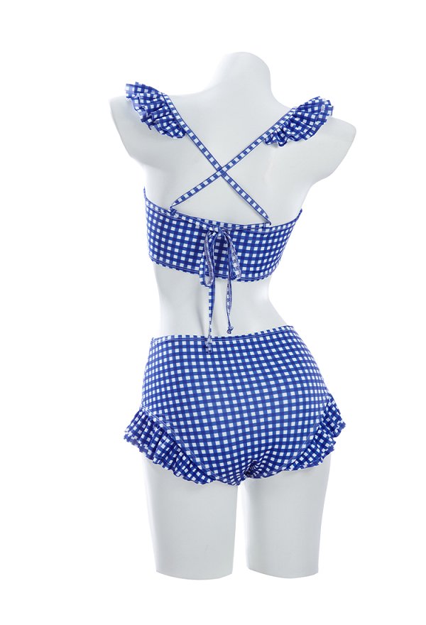 Retro azul y blanco Traje de baño de dos piezas con correa de ruffles en la parte superior y inferior