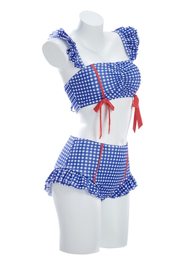 Retro azul y blanco Traje de baño de dos piezas con correa de ruffles en la parte superior y inferior