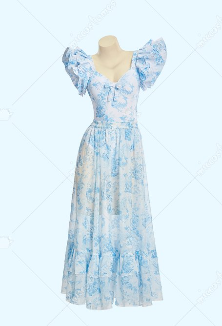 Traje de baño de una sola pieza con estampado floral azul retro con mangas de gorra y falda larga