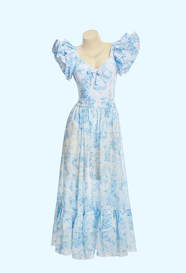 Traje de baño de una sola pieza con estampado floral azul retro con mangas de gorra y falda larga