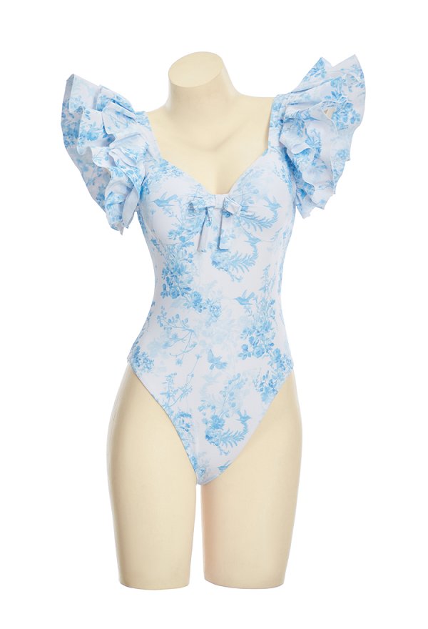 Traje de baño de una sola pieza con estampado floral azul retro con mangas de gorra y falda larga