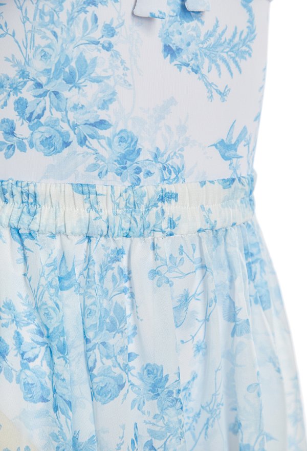 Traje de baño de una sola pieza con estampado floral azul retro con mangas de gorra y falda larga