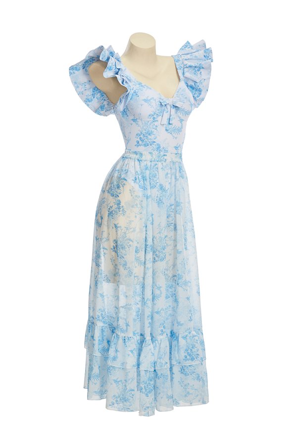 Traje de baño de una sola pieza con estampado floral azul retro con mangas de gorra y falda larga
