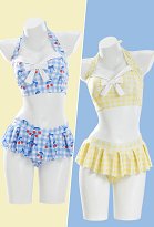 Traje de baño de dos piezas estampado estilo retro de los años 50 Halter Neck Top y Skort con banda para la cabeza