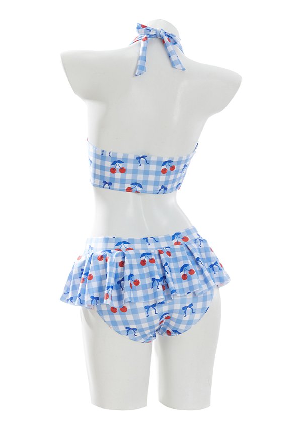 Traje de baño de dos piezas estampado estilo retro de los años 50 Halter Neck Top y Skort con banda para la cabeza