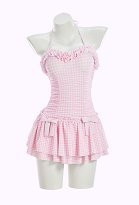Traje de baño de una sola pieza en cuadro rosa y blanco retro medieval con cuello Halter con cabezal Traje de baño de una sola pieza en cuadro rosa y blanco retro medieval con cuello Halter con cabezal