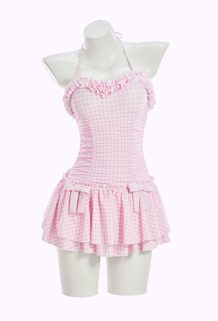 Traje de baño de una sola pieza en cuadro rosa y blanco retro medieval con cuello Halter con cabezal