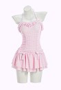 Traje de baño de una sola pieza en cuadro rosa y blanco retro medieval con cuello Halter con cabezal