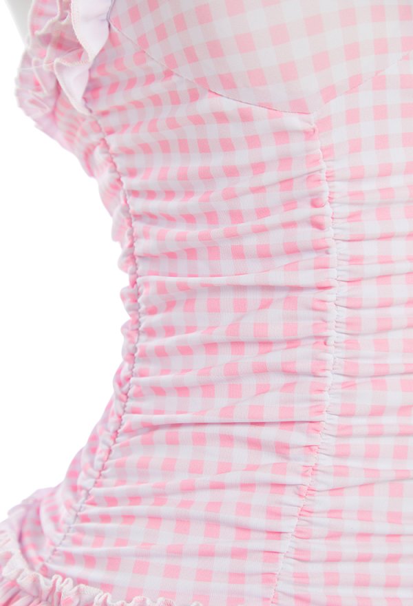 Traje de baño de una sola pieza en cuadro rosa y blanco retro medieval con cuello Halter con cabezal Traje de baño de una sola pieza en cuadro rosa y blanco retro medieval con cuello Halter con cabezal