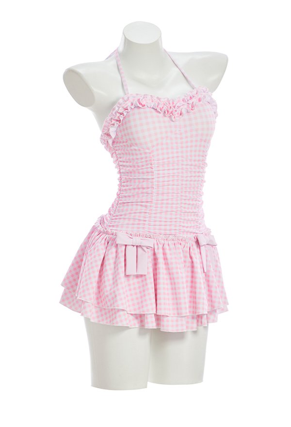 Traje de baño de una sola pieza en cuadro rosa y blanco retro medieval con cuello Halter con cabezal Traje de baño de una sola pieza en cuadro rosa y blanco retro medieval con cuello Halter con cabezal
