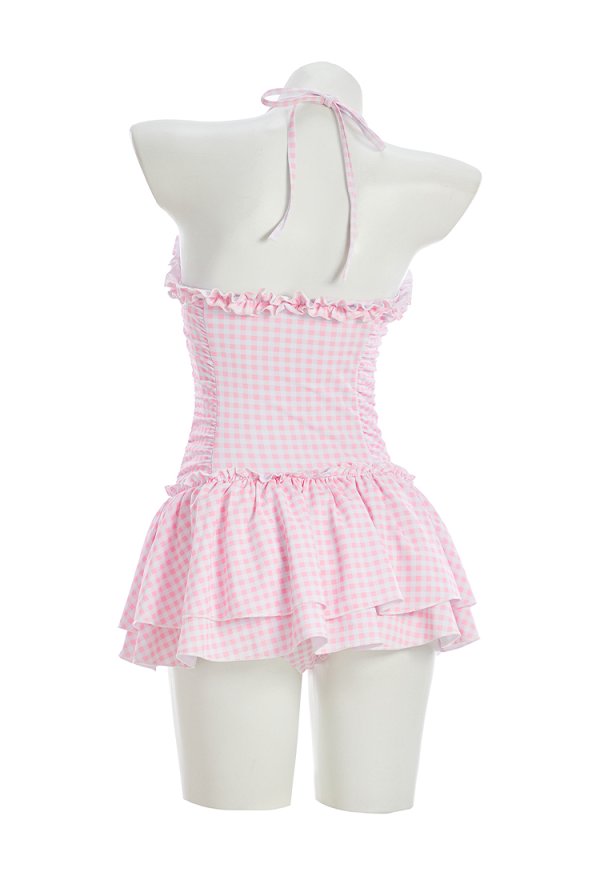 Traje de baño de una sola pieza en cuadro rosa y blanco retro medieval con cuello Halter con cabezal Traje de baño de una sola pieza en cuadro rosa y blanco retro medieval con cuello Halter con cabezal