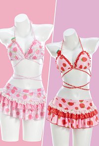 Cute Strawberry Print Bikini Pink Retro Swimsuit with Strawberry Clip
