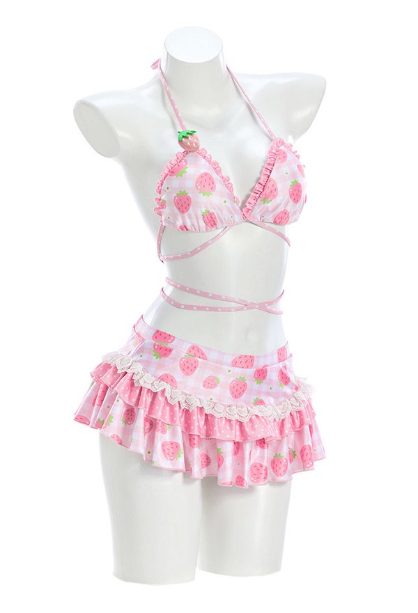 Bikini retro con estampado de fresas y pinza para fresas Bikini retro con estampado de fresas y pinza para fresas