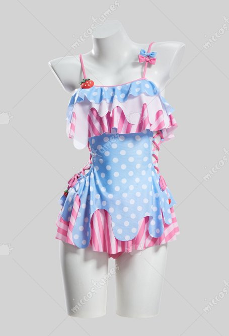 Bonito traje de baño de una pieza con diseño de pastel de crema de cereza y fresa con lazos laterales irregulares de estilo retro.