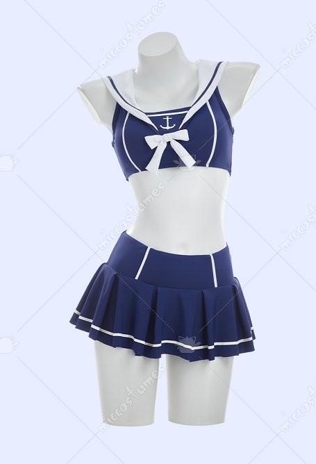 Retro estilo náutico de dos piezas traje de baño marinero cuello superior y talla alta con banda de cabeza