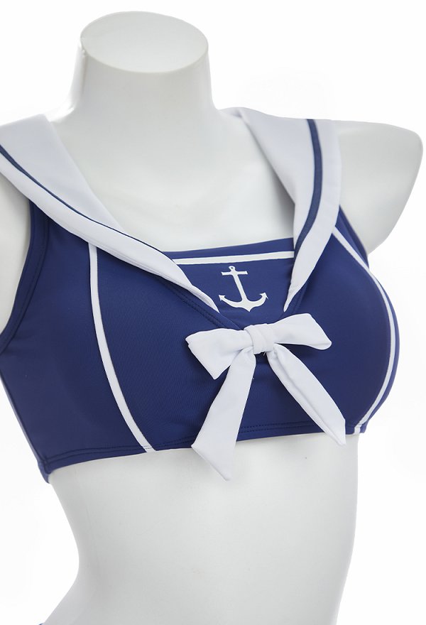 Retro estilo náutico de dos piezas traje de baño marinero cuello superior y talla alta con banda de cabeza Retro estilo náutico de dos piezas traje de baño marinero cuello superior y talla alta con banda de cabeza