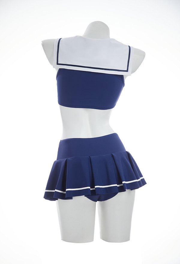 Retro estilo náutico de dos piezas traje de baño marinero cuello superior y talla alta con banda de cabeza Retro estilo náutico de dos piezas traje de baño marinero cuello superior y talla alta con banda de cabeza