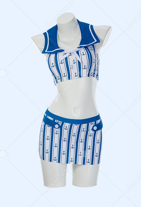 Retro estilo náutico Traje de baño de dos piezas rayas anclaje impresión superior y falda