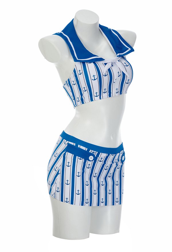 Retro Nautical Style Two-piece Swimsuit Striped Anchor Print Top and Skirt