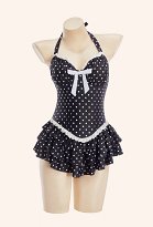 Traje de baño de una pieza estilo vintage con lunares negros cuello halter y falda con volantes