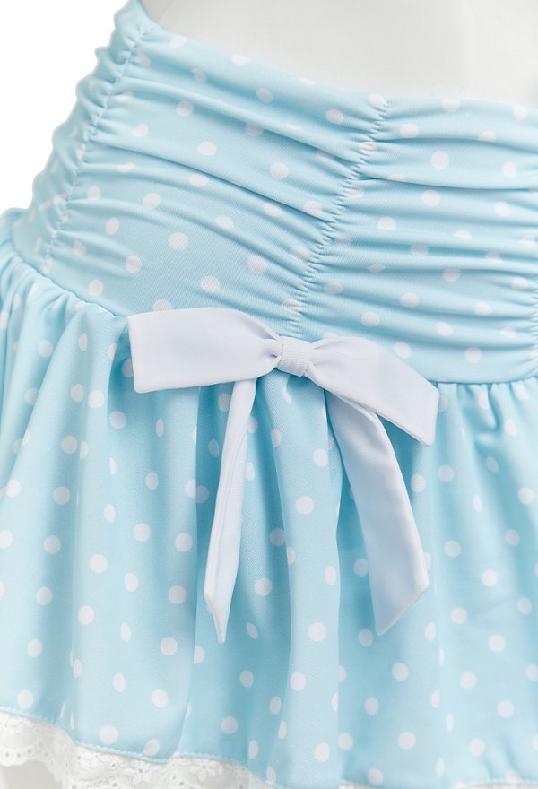 Maillot de bain deux pièces rétro bleu à pois avec haut à bretelles volantées et jupe-short taille haute