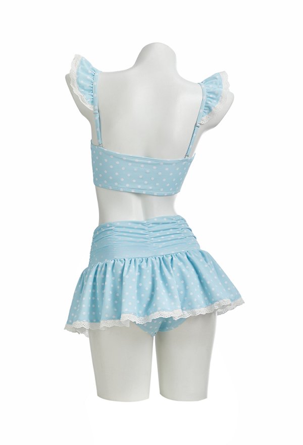 Maillot de bain deux pièces rétro bleu à pois avec haut à bretelles volantées et jupe-short taille haute