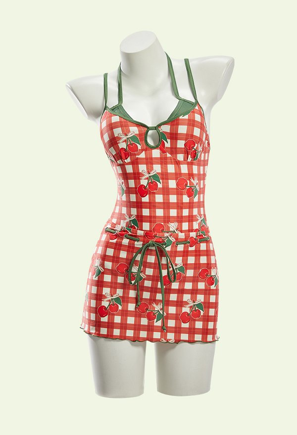 Maillot de bain une pièce à carreaux et imprimé cerises style rétro adorable maillot de bain dos nu avec jupe