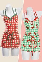 Traje de baño de una sola pieza con estampado de cereza en cuadro estilo retro con falda Traje de baño de una sola pieza con estampado de cereza en cuadro estilo retro con falda