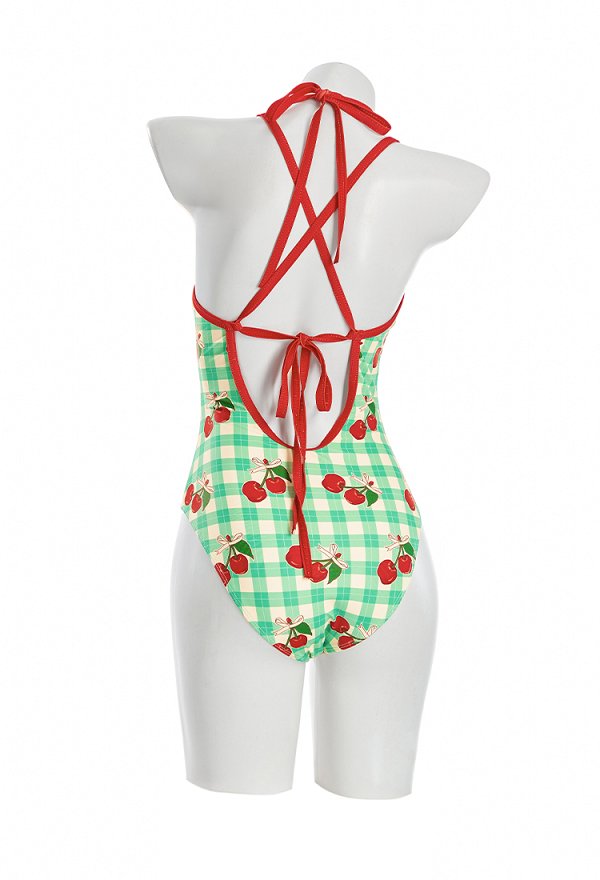 Traje de baño de una sola pieza con estampado de cereza en cuadro estilo retro con falda