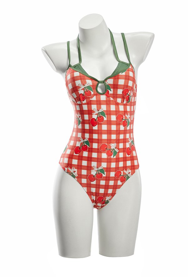 Maillot de bain une pièce à carreaux et imprimé cerises style rétro adorable maillot de bain dos nu avec jupe