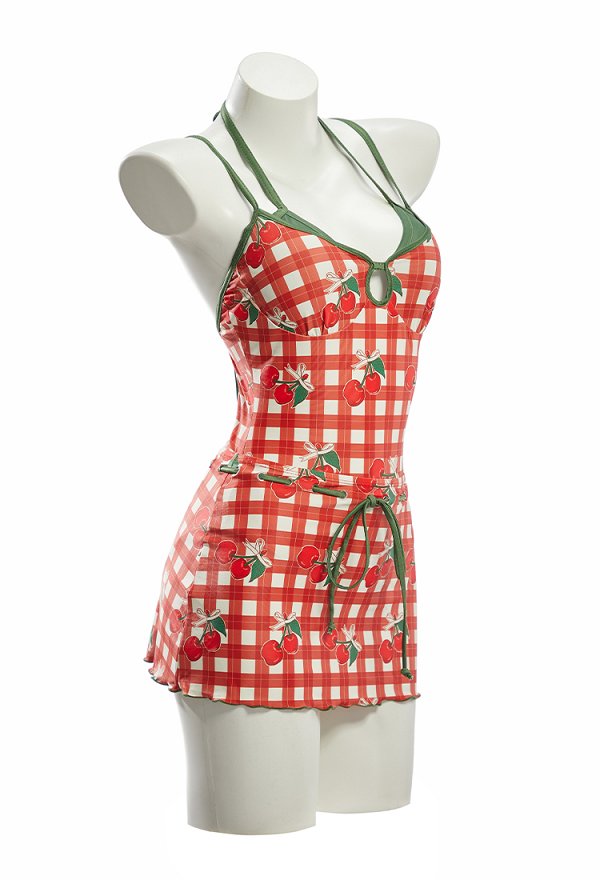 Maillot de bain une pièce à carreaux et imprimé cerises style rétro adorable maillot de bain dos nu avec jupe