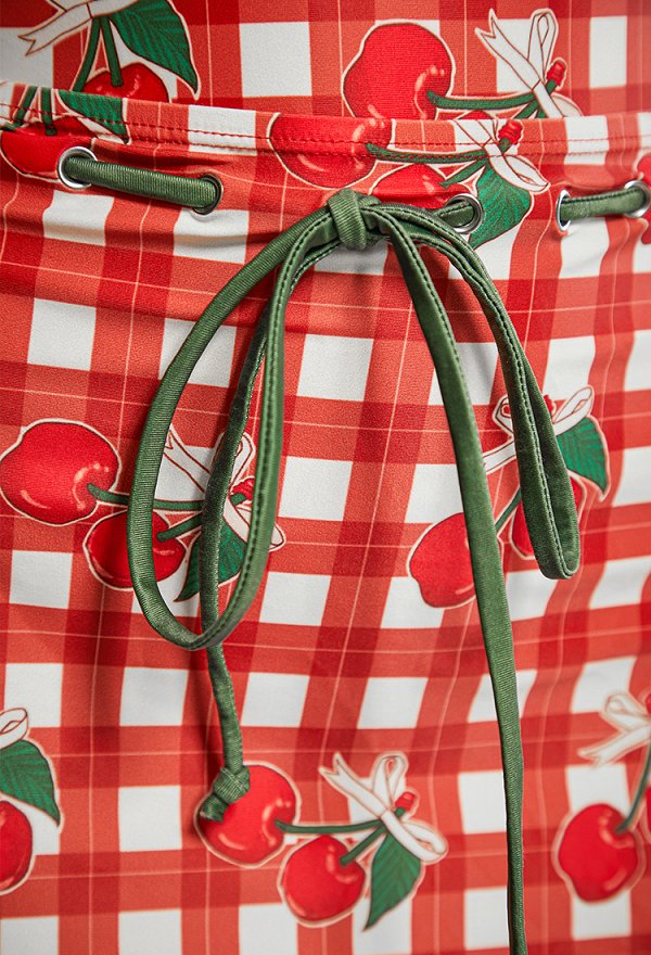 Maillot de bain une pièce à carreaux et imprimé cerises style rétro adorable maillot de bain dos nu avec jupe