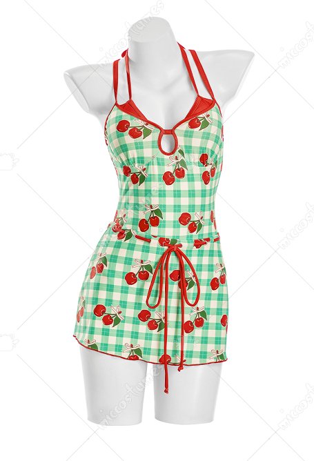 Traje de baño de una sola pieza con estampado de cereza en cuadro estilo retro con falda