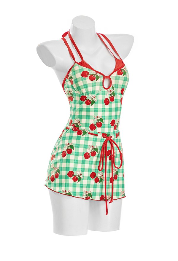 Traje de baño de una sola pieza con estampado de cereza en cuadro estilo retro con falda