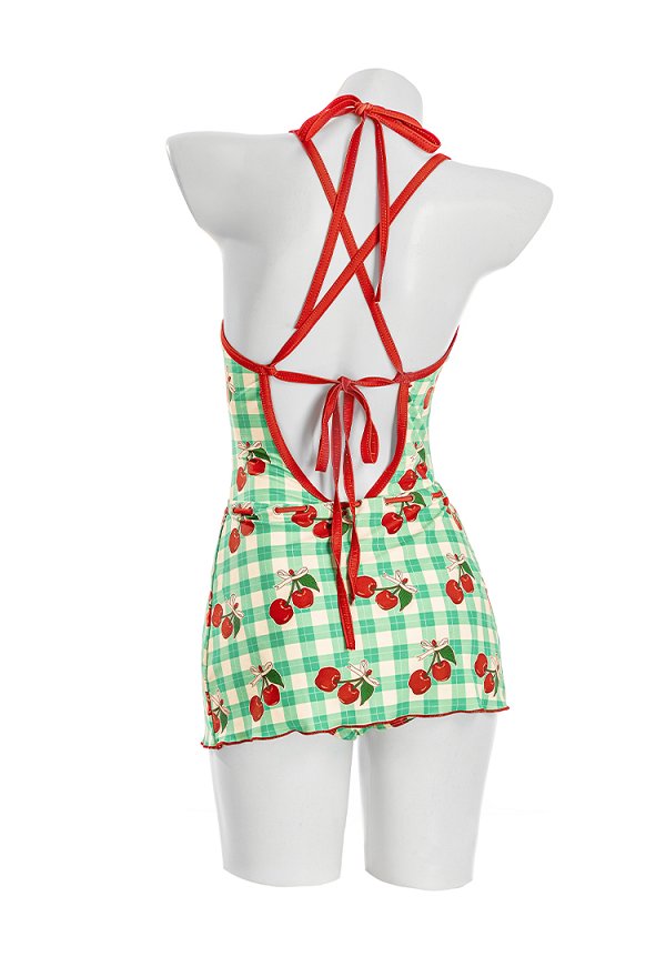 Traje de baño de una sola pieza con estampado de cereza en cuadro estilo retro con falda