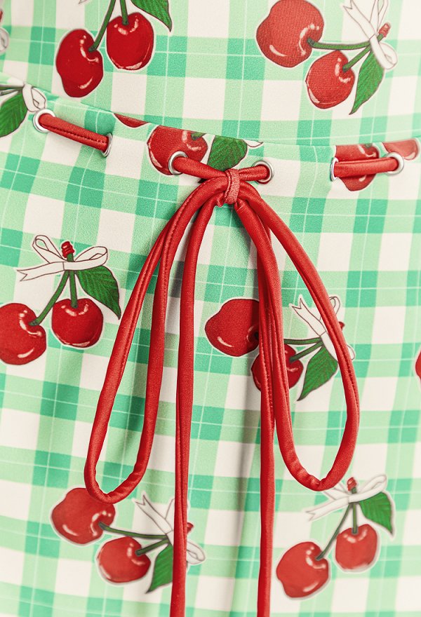 Traje de baño de una sola pieza con estampado de cereza en cuadro estilo retro con falda