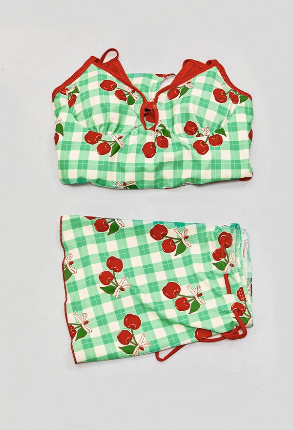 Traje de baño de una sola pieza con estampado de cereza en cuadro estilo retro con falda