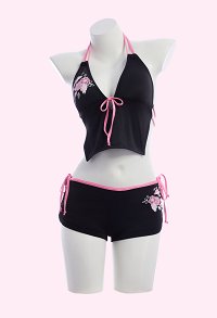 Y2K Style Two-piece Swimsuit Pink Floral Dolphin Print Halter Top and Bottom