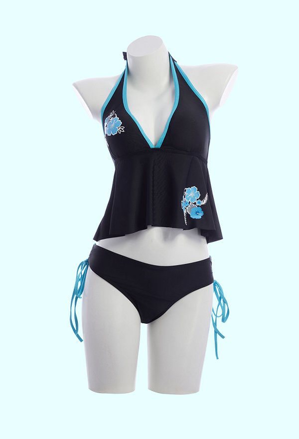 Estilo Y2K Traje de baño de dos piezas azul impresión floral Halter superior e inferior Estilo Y2K Traje de baño de dos piezas azul impresión floral Halter superior e inferior