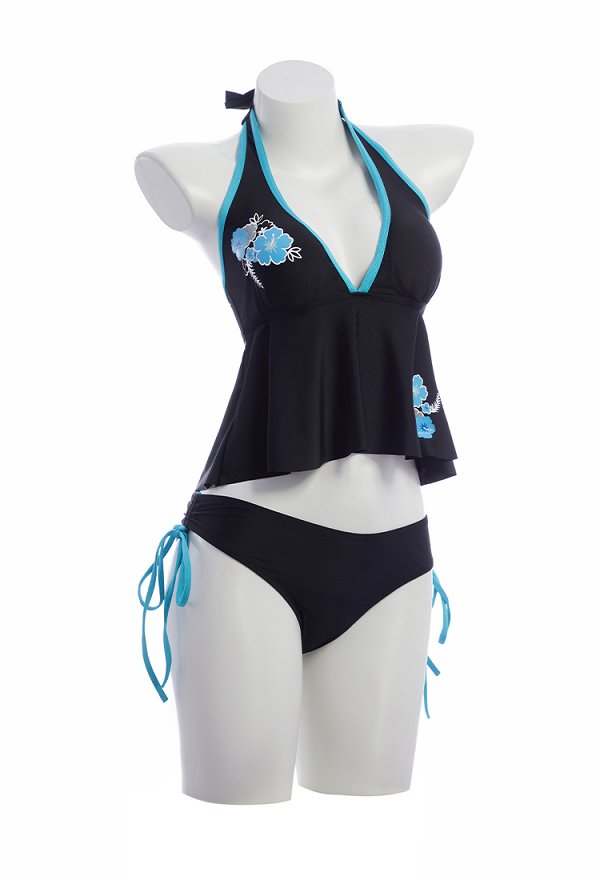 Estilo Y2K Traje de baño de dos piezas azul impresión floral Halter superior e inferior Estilo Y2K Traje de baño de dos piezas azul impresión floral Halter superior e inferior