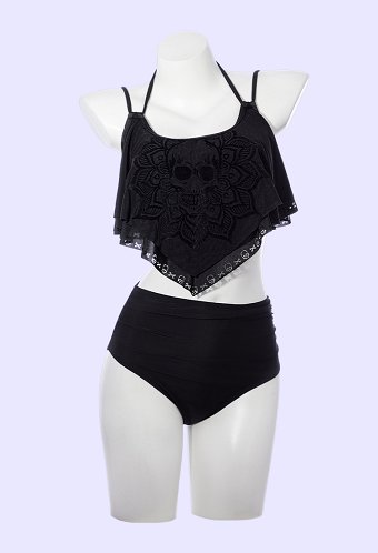 Patrón de cráneo gótico traje de baño de dos piezas con ruffles cuello halter y braga