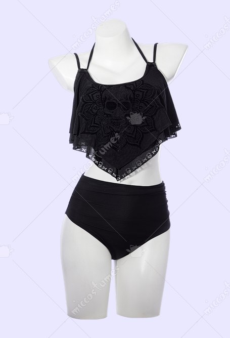 Patrón de cráneo gótico traje de baño de dos piezas con ruffles cuello halter y braga