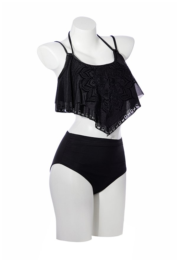 Patrón de cráneo gótico traje de baño de dos piezas con ruffles cuello halter y braga Patrón de cráneo gótico traje de baño de dos piezas con ruffles cuello halter y braga