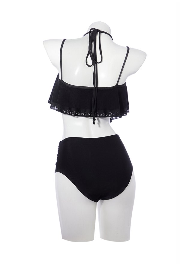 Patrón de cráneo gótico traje de baño de dos piezas con ruffles cuello halter y braga Patrón de cráneo gótico traje de baño de dos piezas con ruffles cuello halter y braga