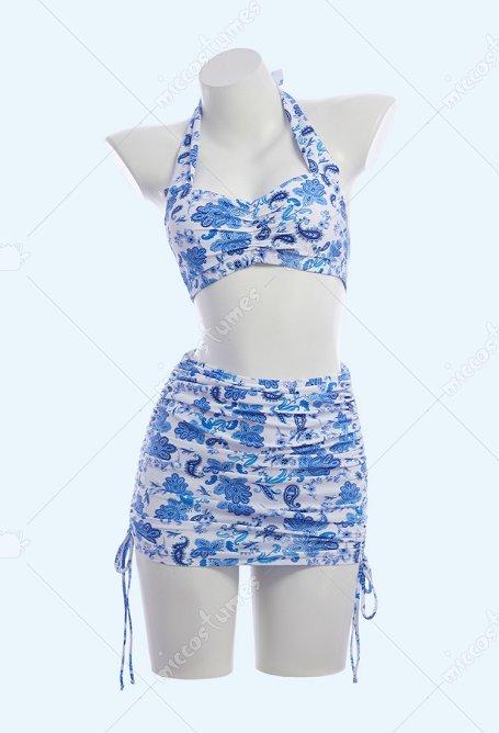 Retro Floral Impresión Traje de baño de dos piezas Halter Top y Skort