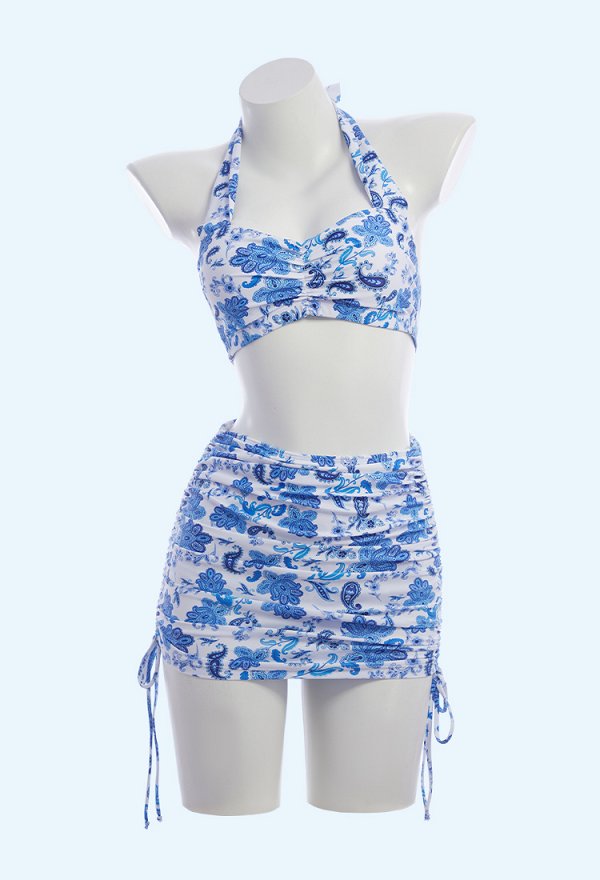 Retro Floral Impresión Traje de baño de dos piezas Halter Top y Skort Retro Floral Impresión Traje de baño de dos piezas Halter Top y Skort