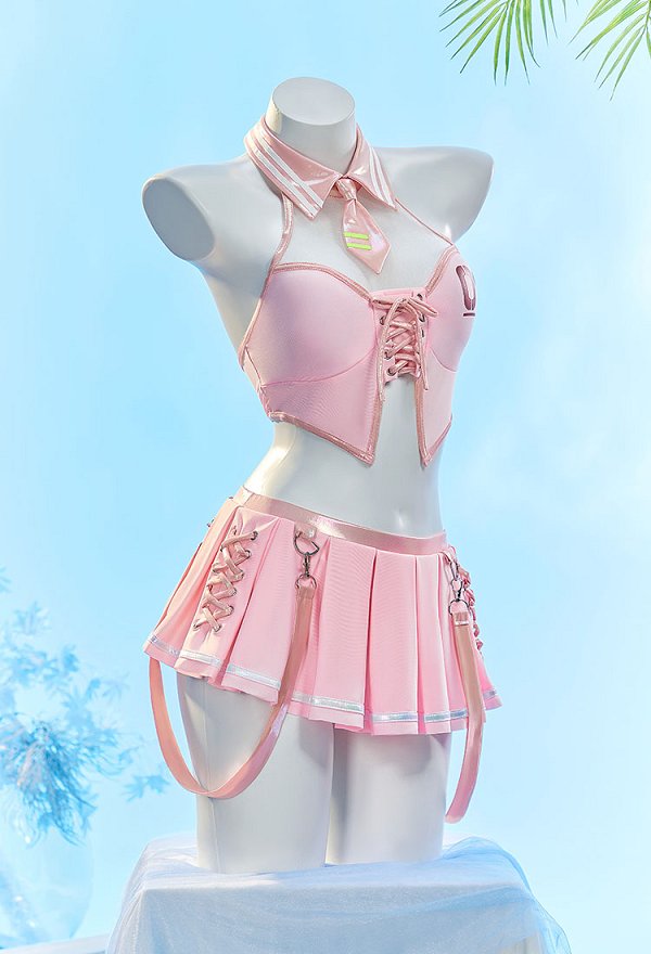 Vocal Derivado Traje de baño de dos piezas con top halter y falda-pantalón con estampado rosa a juego con una corbata y mangas Vocal Derivado Traje de baño de dos piezas con top halter y falda-pantalón con estampado rosa a juego con una corbata y mangas