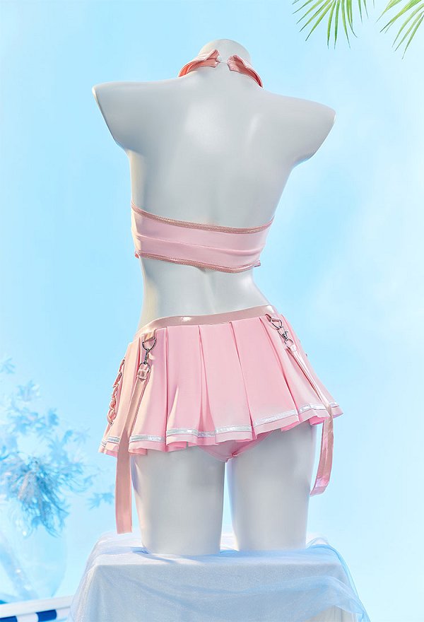 Vocal Derivado Traje de baño de dos piezas con top halter y falda-pantalón con estampado rosa a juego con una corbata y mangas Vocal Derivado Traje de baño de dos piezas con top halter y falda-pantalón con estampado rosa a juego con una corbata y mangas